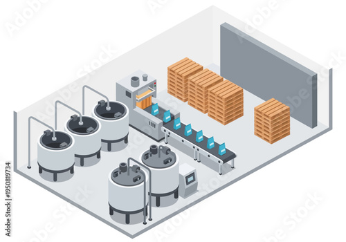 Industrial production line with tanks, conveyor belt, and stacked boxes in a factory setting