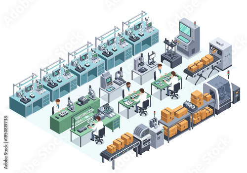 Modern industrial manufacturing facility with automated assembly lines and skilled technicians