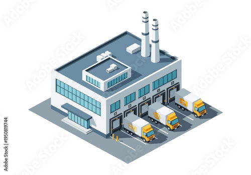 Isometric view of a warehouse facility with loading docks and delivery trucks