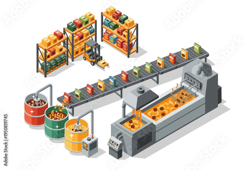 Industrial production line with automated machinery and conveyor belts for food processing
