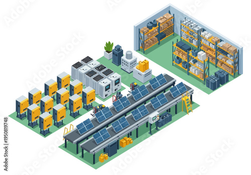 Industrial solar panel production line with inverters and storage systems