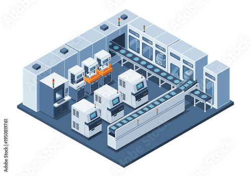 Industrial Manufacturing Facility with Automated Machinery and Conveyor Systems in a Cleanroom Environment
