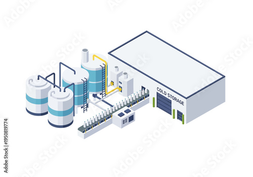 Industrial cold storage facility with automated bottling and processing plant, isometric view