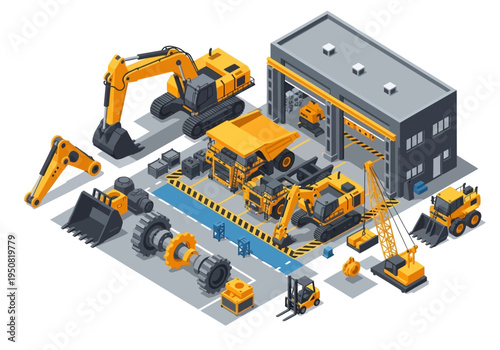 Isometric set of construction and heavy machinery for industrial building and infrastructure projects