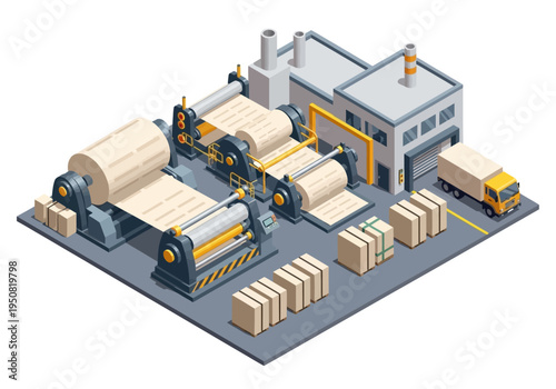 Isometric factory illustration showing paper production process with rolls and finished goods