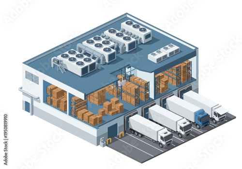 Isometric illustration of a warehouse with trucks for logistics and supply chain management