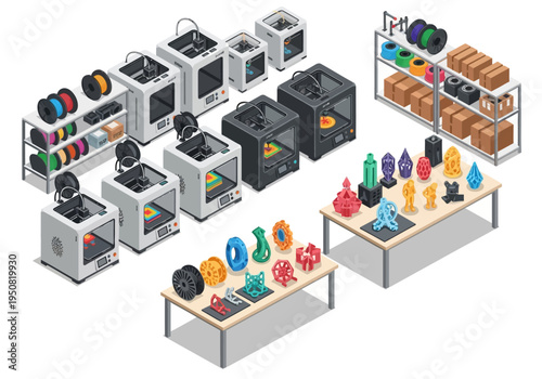 A collection of 3D printers and printed objects, showcasing modern manufacturing technology