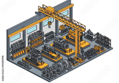 Industrial machinery workshop with heavy engines, parts, and overhead crane