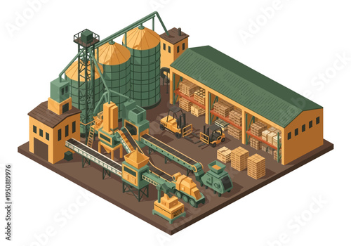 Isometric industrial facility with silos, conveyors, and a warehouse stocked with goods