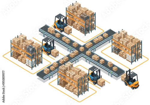 Illustration of a logistics and warehouse operations with forklifts and conveyor belts moving boxes