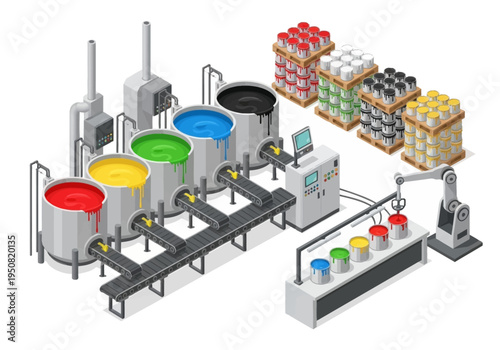 Automated paint manufacturing plant with robotic arm filling cans of various colors
