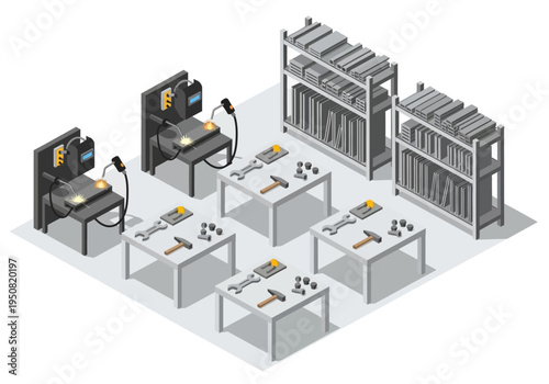 Industrial workshop with workstations, tools, and storage shelves