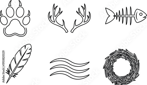 Wildlife nature icon set featuring animal paw, deer antlers, fish skeleton, feather, wind lines and bird nest vector outline collection