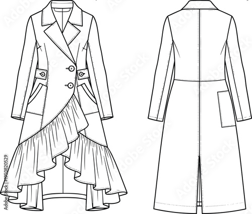 Women asymmetric ruffle trench coat technical fashion illustration, flat vector CAD drawing with front and back view