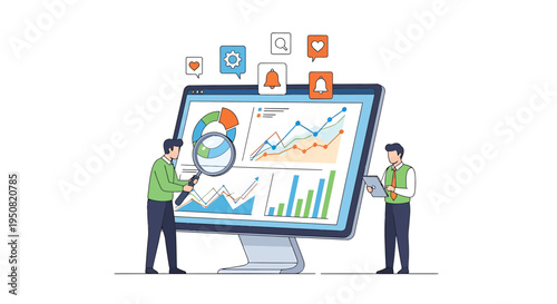 Vector illustration of two businessmen analyzing data on a large computer screen with graphs and charts