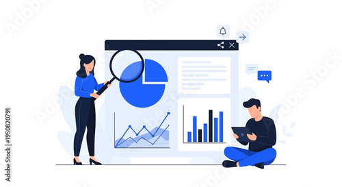 Vector illustration of business people analyzing data and graphs