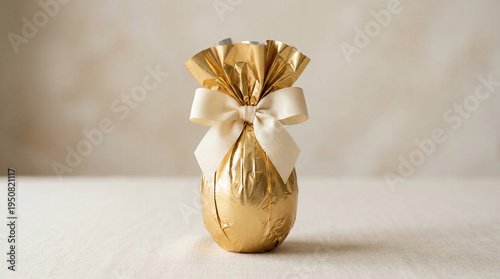 Elegant Gold Wrapped Gift with Cream Ribbon Bow