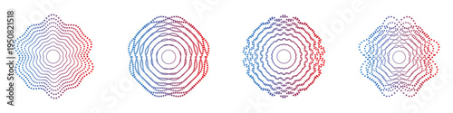 concentric dotted waveform circles abstract geometric rings blue red gradient symmetrical ripple pattern isolated transparent background modern digital design