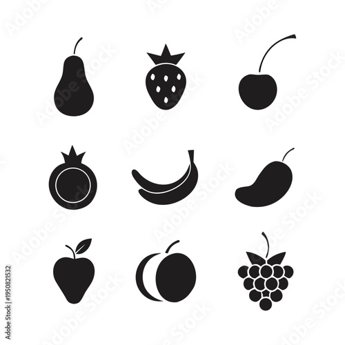 A collection of black and white icons featuring various types of fruit