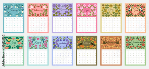 Colorful Seasonal Month Floral Botanical Calendar undated planner collection, Winter, Spring, Summer and Autumn vector illustration