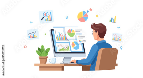 Vector illustration of man working on computer with graphs and charts
