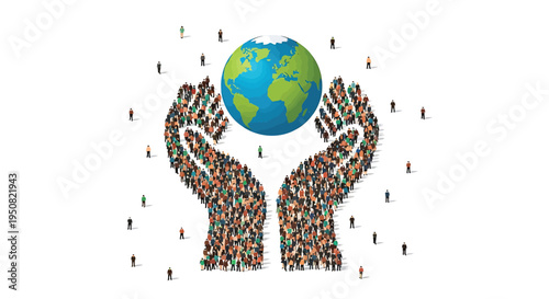 Vector illustration of hands holding the Earth with people
