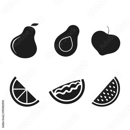 A set of black and white illustrations of various fruits on a plain background