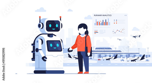A friendly robot and a person shaking hands in front of a modern airport terminal with business analytics displayed on a screen.