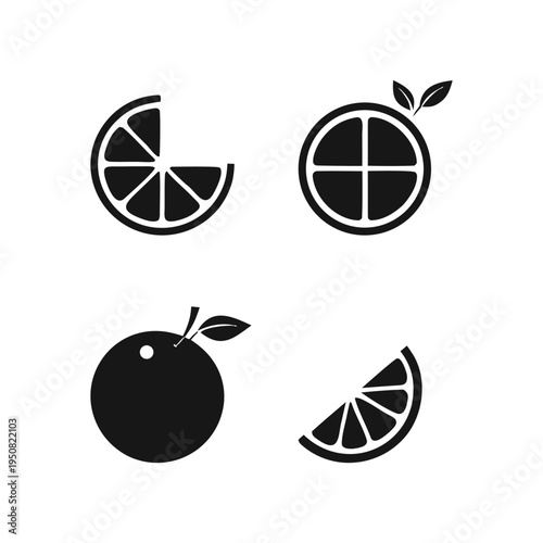 A set of black and white icons featuring various citrus fruits and slices on a clean white background