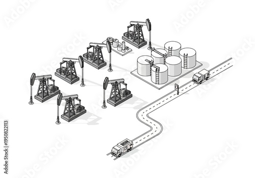Industrial oil extraction, storage, and transportation process depicted with pump jacks, storage tanks, and trucks
