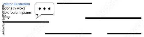 Communication, typography, content creation, dialogue design, graphic layout, editorial content. Speech bubble with placeholder text and black horizontal lines. Communication and typography concept