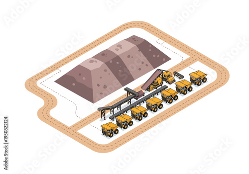 Excavation and transport of raw materials from a mining site with heavy machinery and conveyor belts