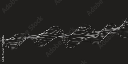 Flowing dots particles wave pattern white isolated on black background. Vector in concept of technology, science, music, modern.