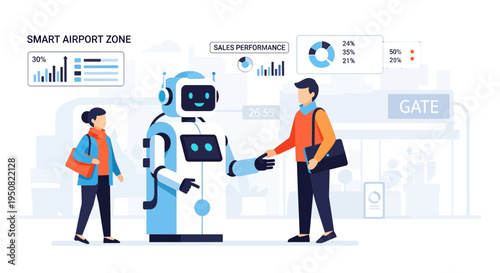 A humanoid robot interacts with travelers at a smart airport gate, displaying data on sales performance and airport zone efficiency.