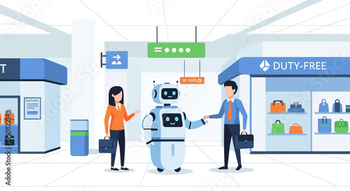 A friendly robot assistant interacts with business people in a modern airport duty-free shopping area.