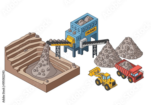 Industrial mining operation with conveyor belts, crushers, trucks, and loaders processing raw materials