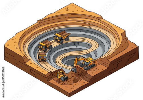Illustration of an open-pit mine with excavators and dump trucks in operation