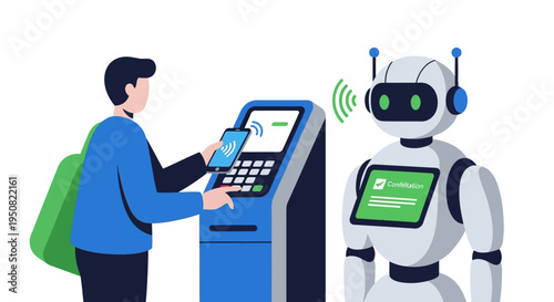 A person uses a smartphone to interact with a self-service kiosk, while a friendly robot with glowing green eyes observes.