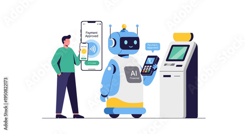 A friendly AI robot assists a person with a mobile payment at a modern self-service kiosk, showcasing advanced technology and seamless transactions.