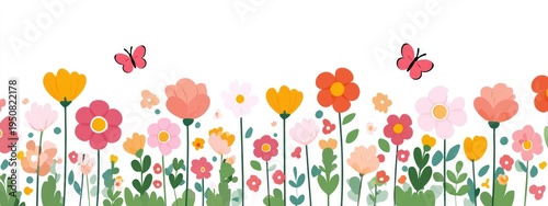 Colorful meadow flowers with delicate butterflies in flight