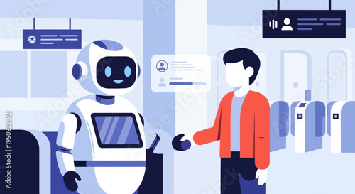 A friendly robot assists a person at a futuristic transportation hub with automated gates and digital displays.