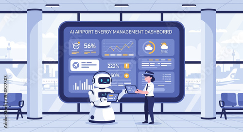 AI Airport Energy Management Dashboard with Robot and Officer.