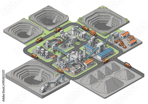 Industrial mining complex with extraction pits and processing plants in an isometric view