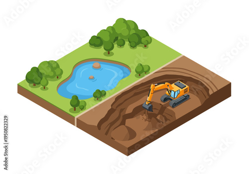 Isometric illustration of construction site with excavator digging a large hole next to a serene lake and trees