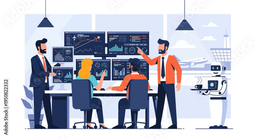 Team of professionals collaborating in a modern office with advanced data visualization screens and a service robot.