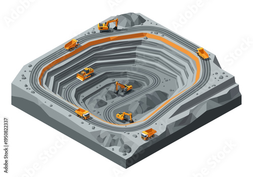 Illustration of an open pit mine with excavators and dump trucks actively extracting resources