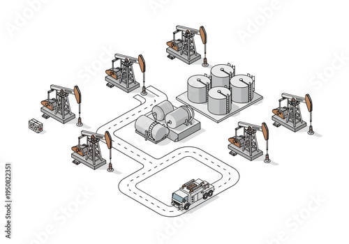 Oil extraction and transportation infrastructure with multiple pumpjacks and storage tanks