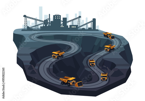 Industrial mining trucks navigating complex quarry paths with a distant cityscape silhouette
