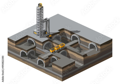 Underground tunnel construction with mining train and advanced excavation machinery