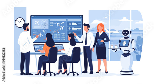 Team of professionals collaborating in a modern office with a large display showing flight data and a service robot.